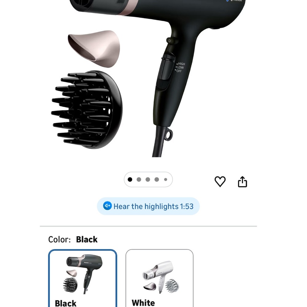 Panasonic nanoe quick dry sizzle Black Hair Dryer with Diffuser